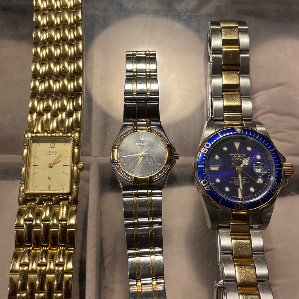 Womens watches and leather watch box citizen eco drive & quartz, invicta 4868